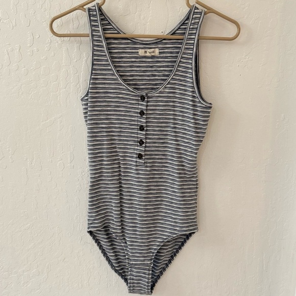 Madewell Blue White Ribbed Striped Sleeveless Henley Indie Bodysuit S - Picture 2 of 8